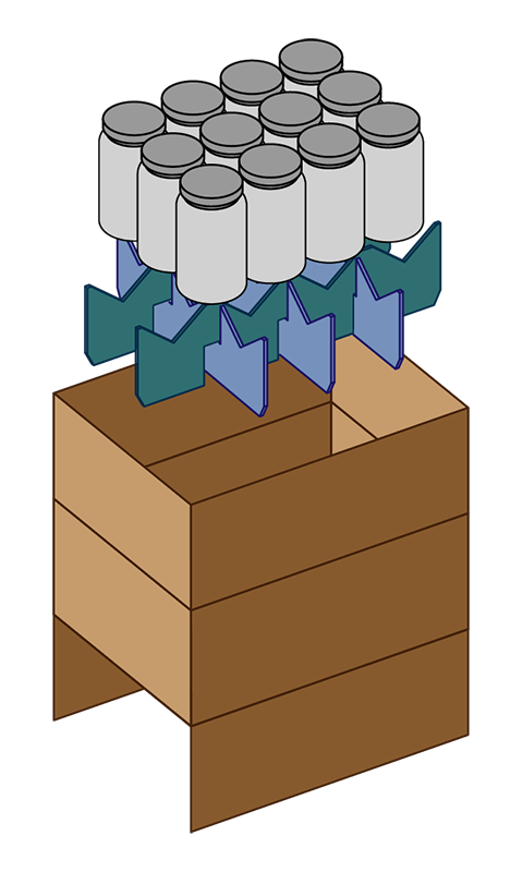 ISO drawing of bottle pack pattern, partition, and case packer